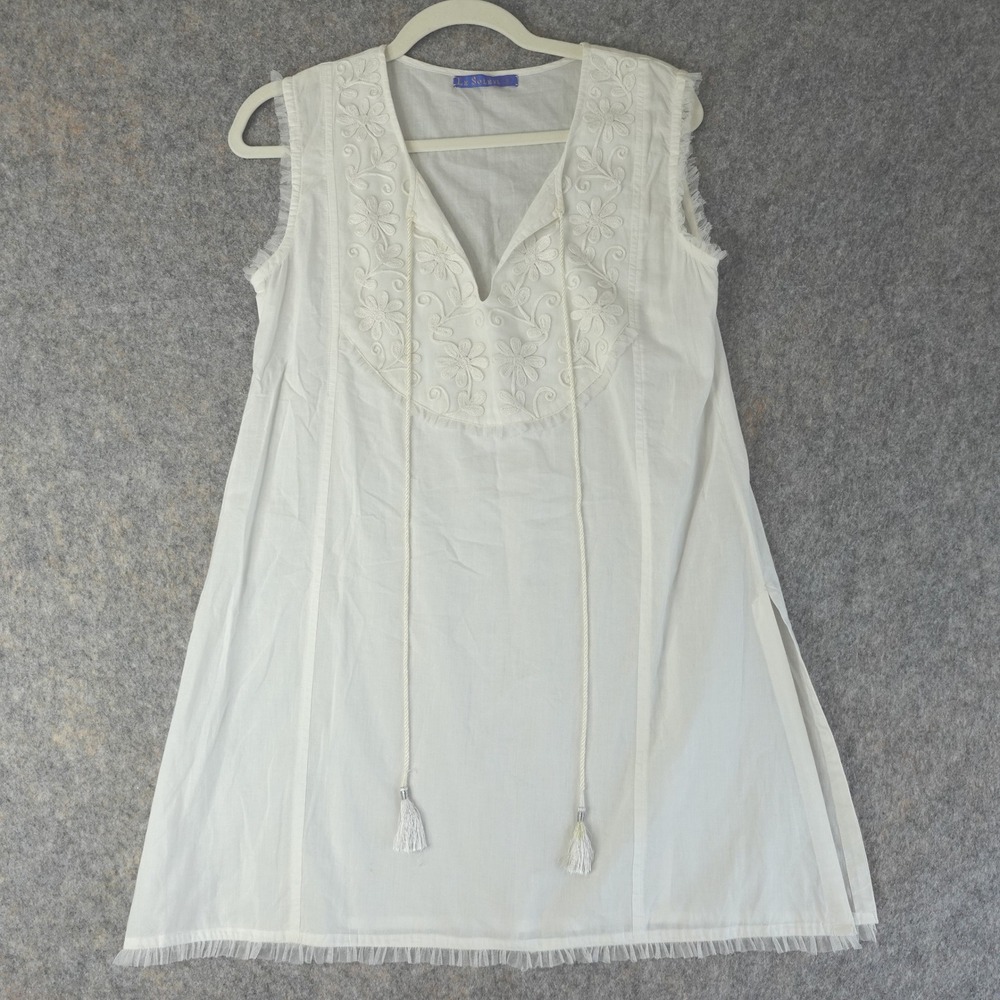 Le Soleil‎ Tunic Dress Womens S White Cotton Embroidered Mesh Trim Tassel Boho